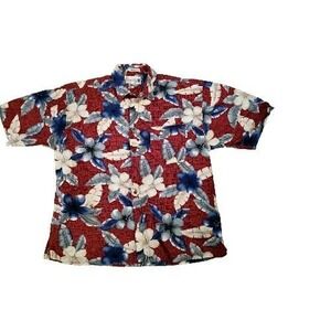 Rekoko Hawaiian Beach Vtg. Camp Shirt Mens XL Red Palms Blue Floral‎ Shirt 00217